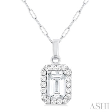 6x4 MM Octagonal Shape White Topaz and 1/6 Ctw Round Cut Diamond Halo Semi-Precious Pendant with Chain in 14K White Gold